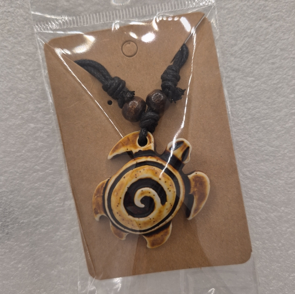 Turtle Spiral Pendant Necklace for Men - Black Cord, Brown Turtle Charm
